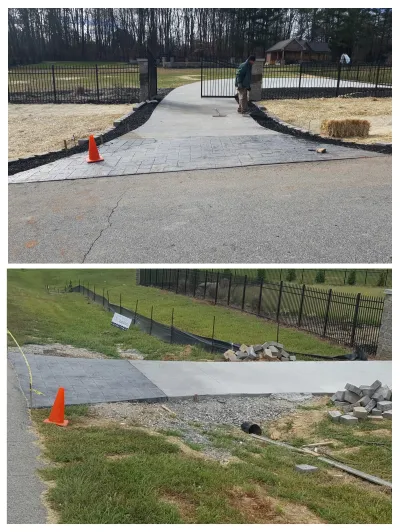 This split image documents the ongoing construction of a residential driveway entrance featuring new concrete, stamped sections, and surrounding landscape elements near a black metal fence.