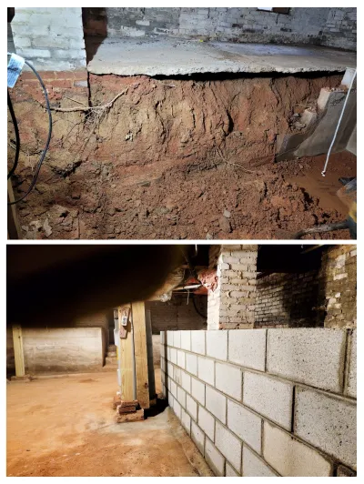 This image contrasts severe soil erosion beneath a foundation with the installation of new concrete block walls and temporary wooden supports in a crawl space.