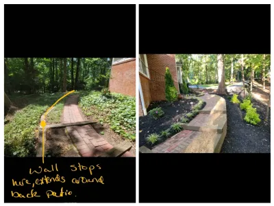 A comparison showing the transformation of an overgrown yard into a manicured landscape bed with a brick pathway and new plantings next to a brick house.
